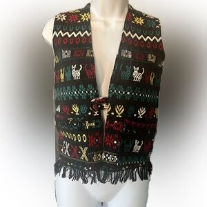 Vintage Handmade Embroidered Cat Vest with Fringe details and 2 Front Pockets